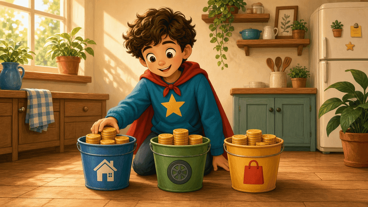 Three cheerful buckets: housing, wheels, and everyday spends.