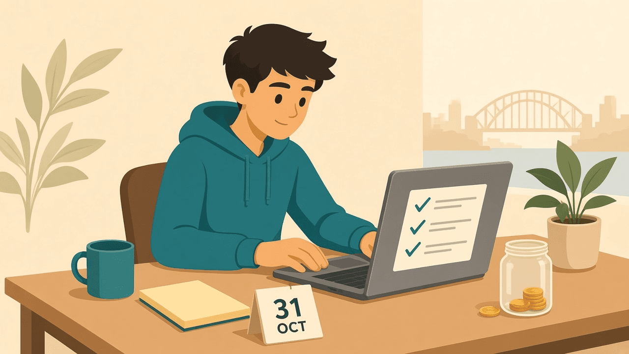 A first-job worker checking a laptop checklist beside a 31 October calendar, with a refund landing in a jar.