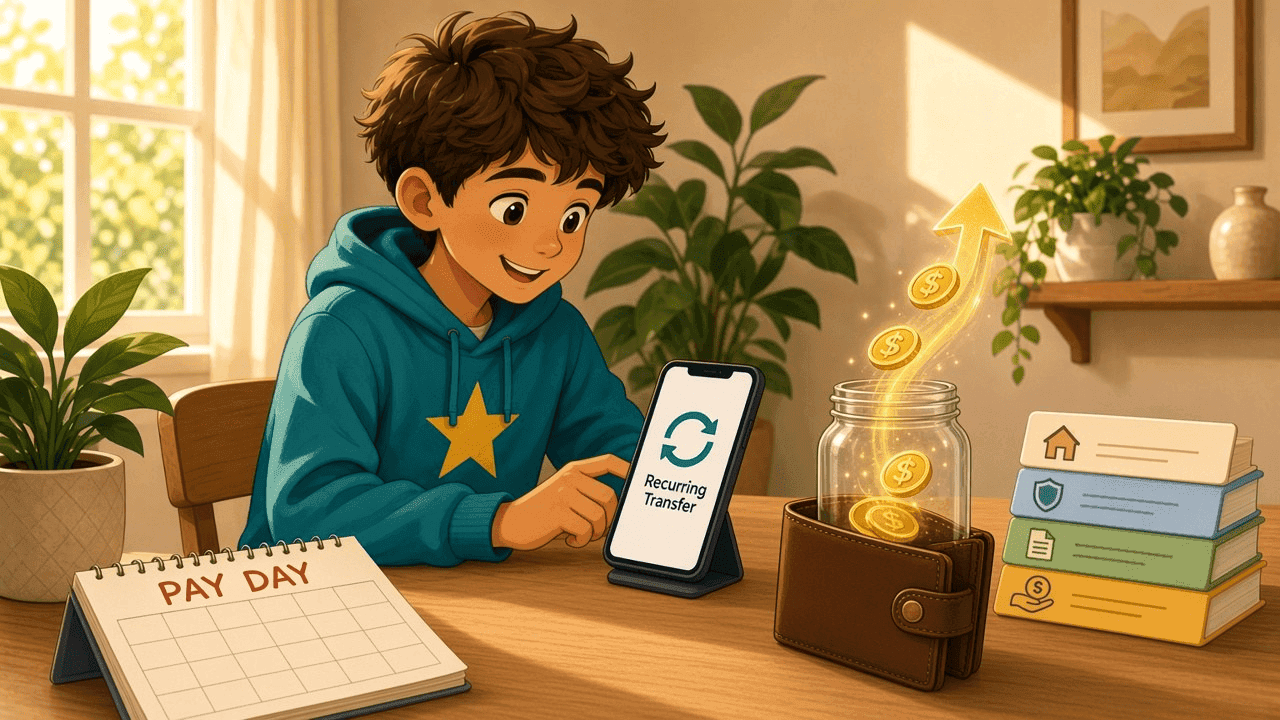 Payday coins auto-moving from the everyday wallet into a savings jar before the week starts.