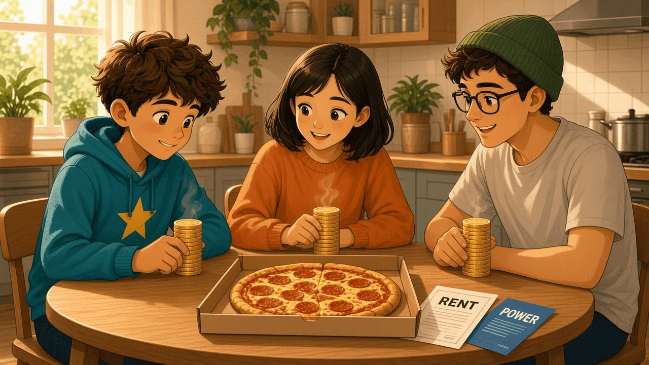 Three housemates splitting rent and bills into equal stacks. Pizza still on the table.