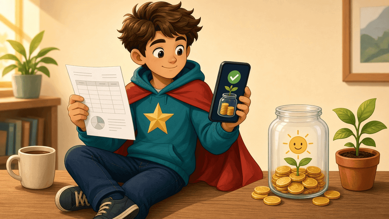 A 10-minute Super check: payslip in one hand, fund app in the other, coins landing in a named pile.