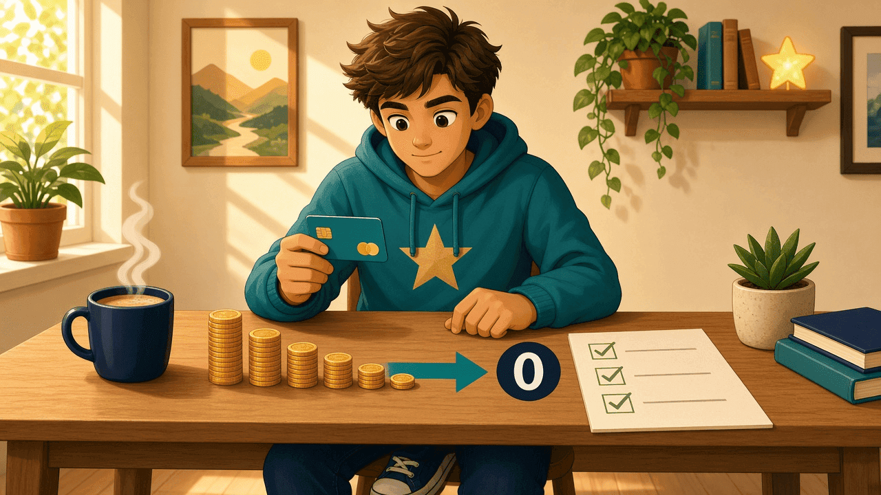 A card on the desk and a shrinking coin pile: paying the balance down, still living.