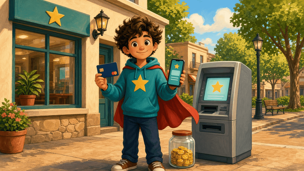 A card, an ATM, and a phone app beside a small savings jar. An everyday account checklist.