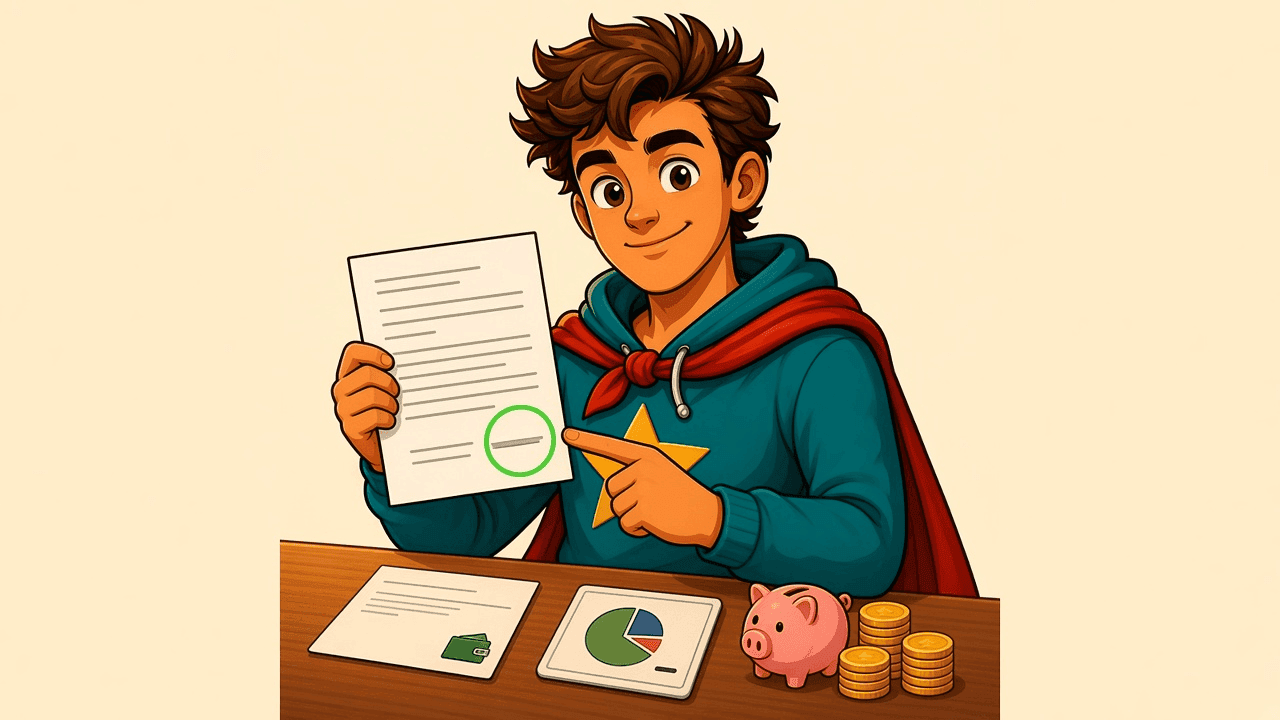 A first payslip on the desk with take-home circled: gross, tax, super, and what landed.