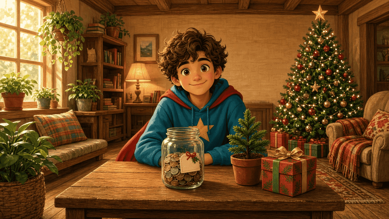 A Gifts jar filling with coins beside a small tree and a present. Christmas funded on purpose.