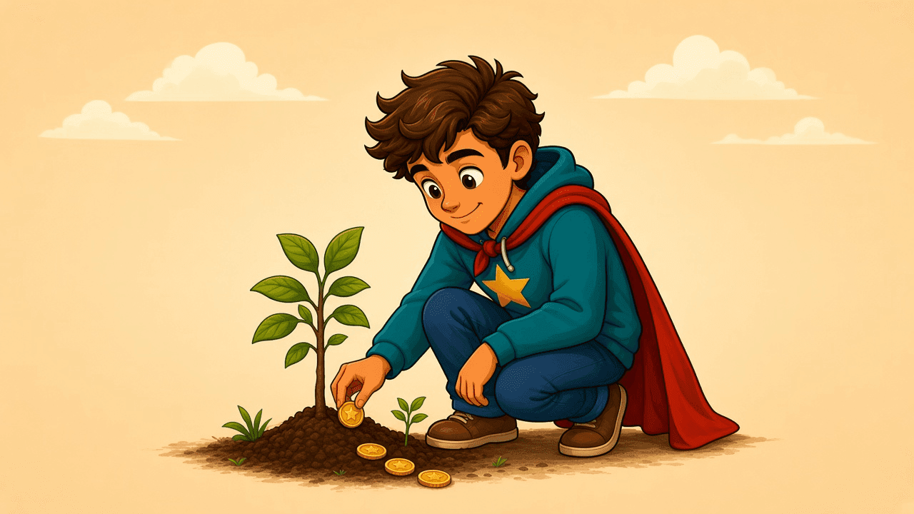 A single coin planted beside a tiny seedling: a planned slice, not a huge lump sum.