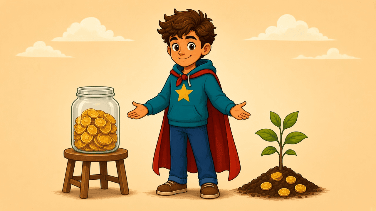 A reach-for jar of coins beside a growing plant: saving keeps money ready, investing works the long game.