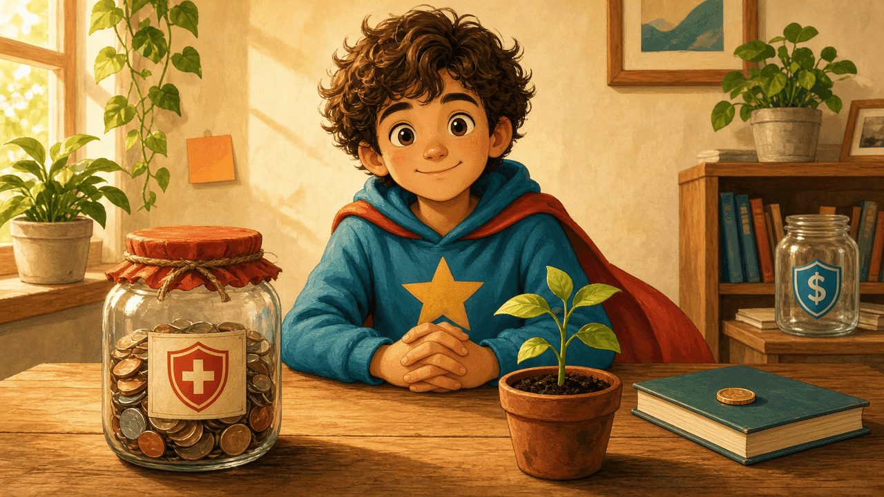 An emergency jar and an investing seedling in front, study loan quiet in the background.