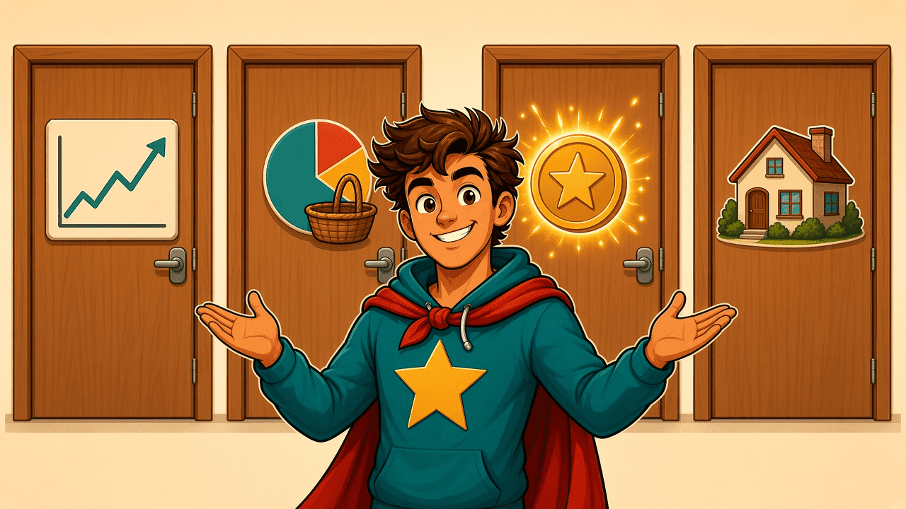 Four equal doors: shares, ETFs, crypto, and property.