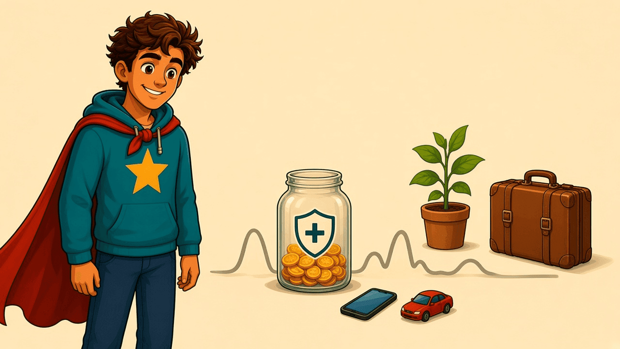 A calm jar of surprise cash sitting in front of goals and investing. Parked for peace.