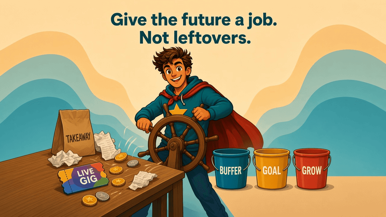 Messy week on one side (pay, rent, fun, mates), calm jobs labels on the other. Buffer / goal / grow. Give the future a job. Not leftovers.