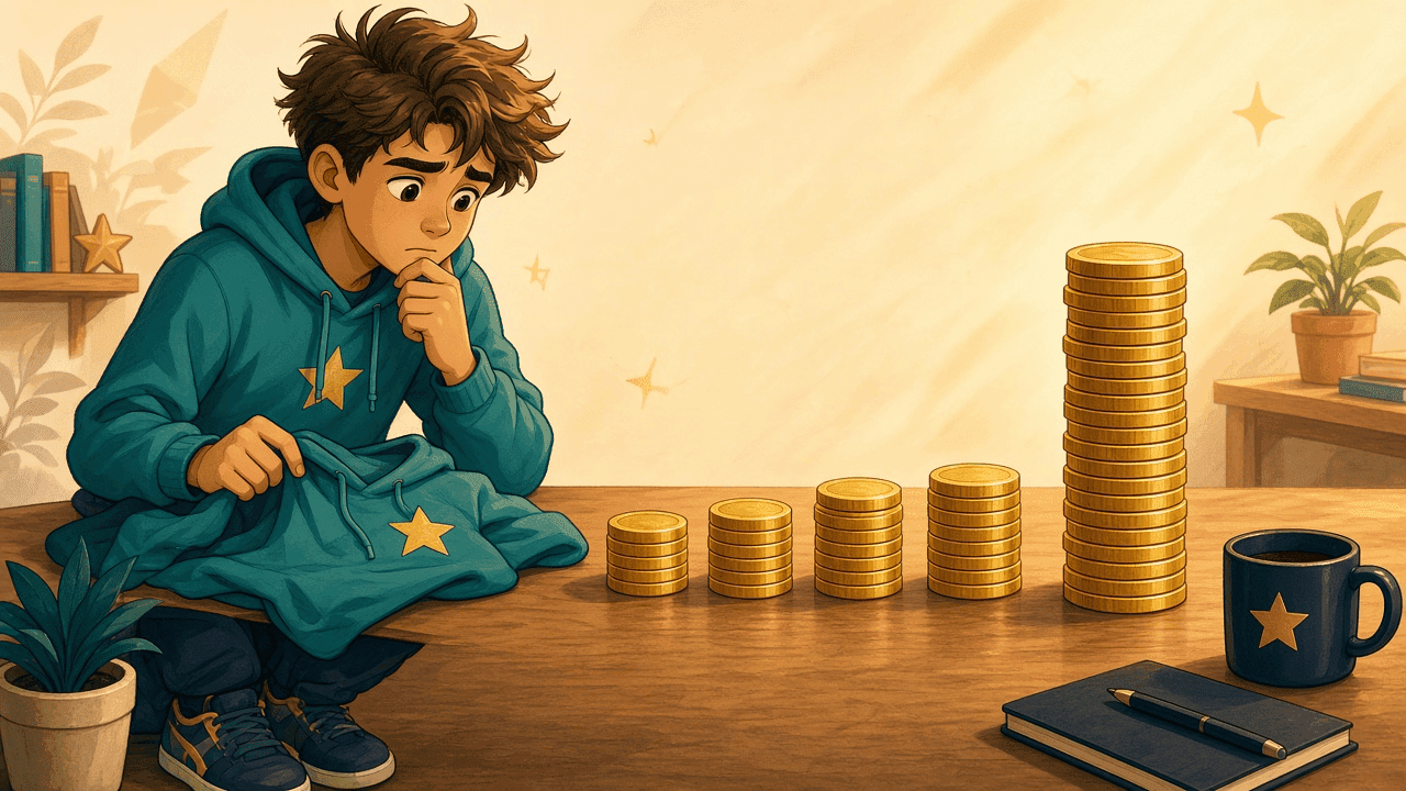 A hoodie beside four small coin stacks. Buy now, pay later in chunks, still real money owed.