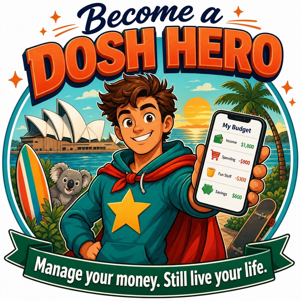 Illustration of the Dosh Hero character holding a phone with a budget app showing income, spending, fun stuff, and savings, set against an Australian backdrop with the Sydney Opera House and a koala.