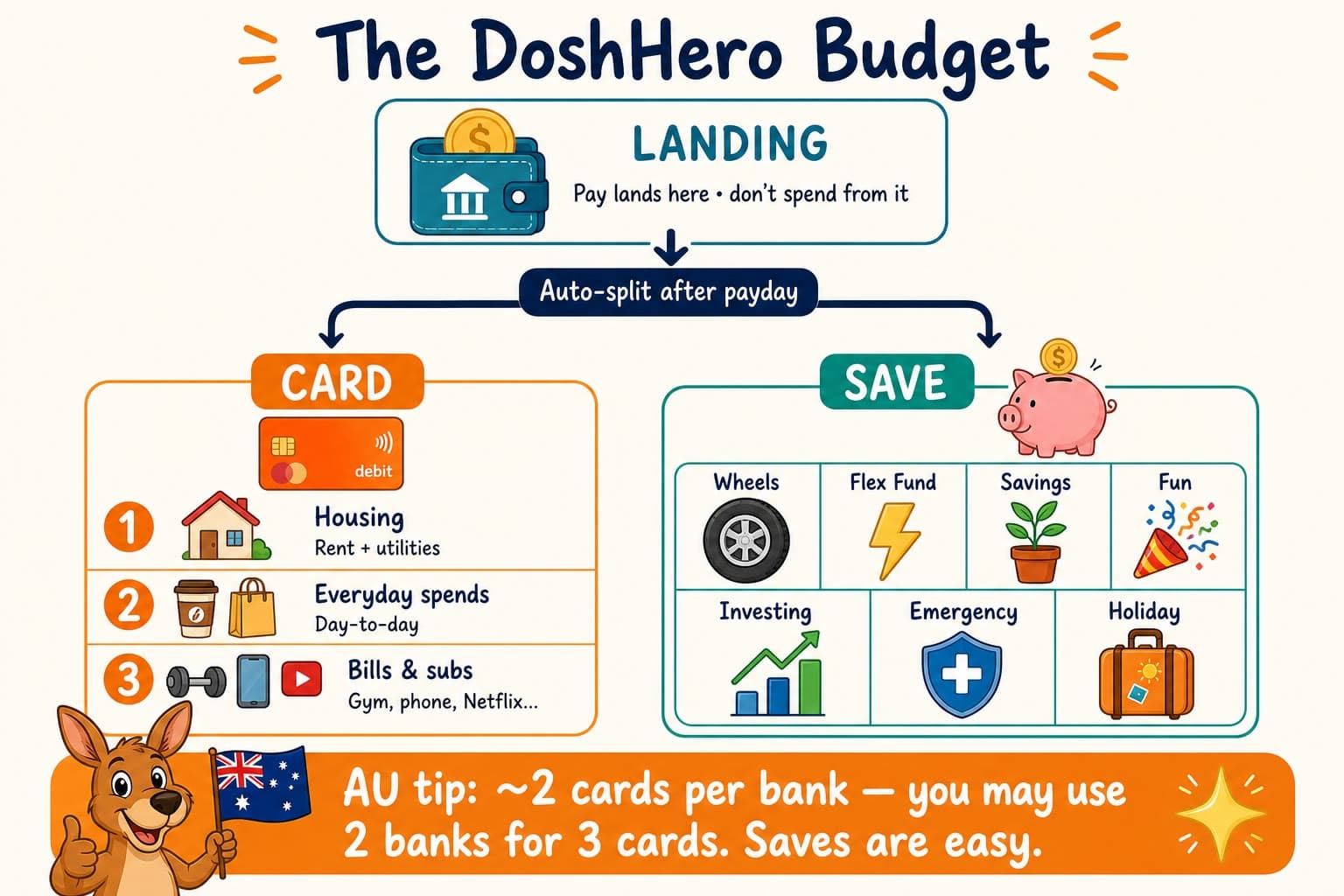 The DoshHero Budget flowchart: pay lands in a Landing account, then auto-splits after payday into CARD buckets (Housing, Everyday spends, Bills & subs) and SAVE buckets (Wheels, Flex Fund, Savings, Fun, Investing, Emergency, Holiday).
